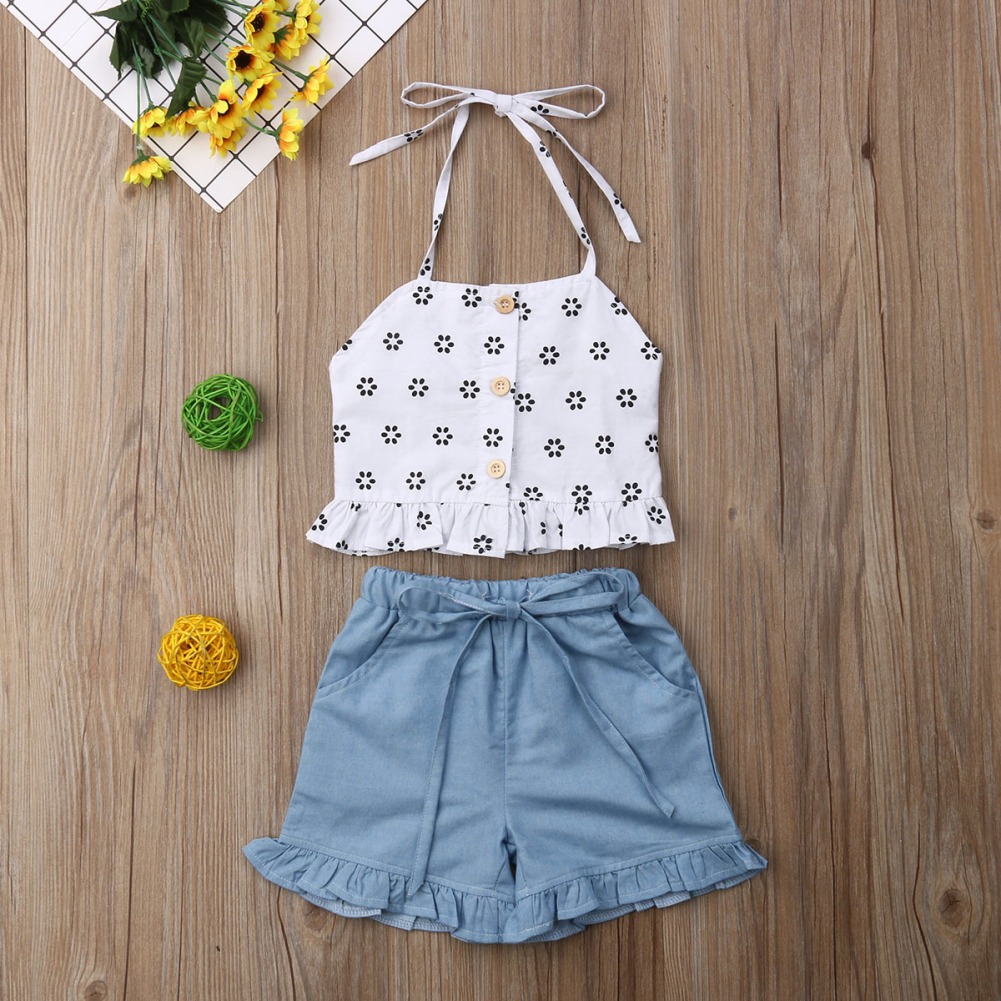 

2PCS New Summer Toddler Kids Baby Girls Outfits Suit Clothes Fashion Sleeveless Strapless Shirt Tops+Pants Infant Children Set, Blue