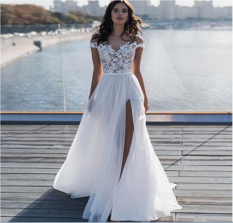 

2020 Summer Beach Bohemian Lace Chiffon Wedding Dresses A Line Leg Split Sheer Cap Sleeve Appliqued Floor Length Bridal Wedding Gowns Cheap, White