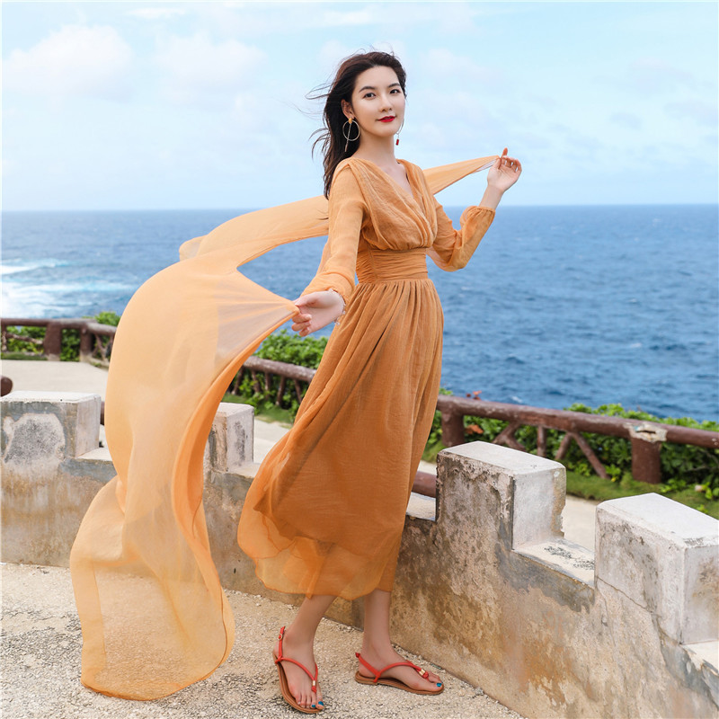 

High Quality Beach Summer Deep V Neck Backless Women Dress Fashion Lantern Sleeve Bohemian Vintage Morocco Ladies Dresses, Xaq617
