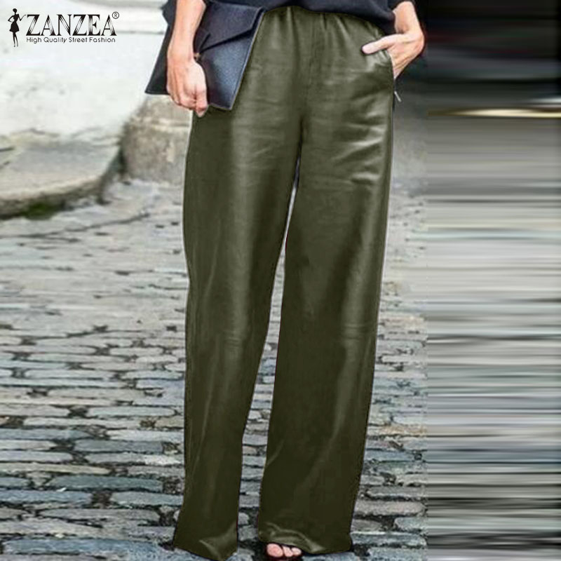 

ZANZEA Elastic Waist PU Leather Trousers 2020 Fashion Work Office Wide Leg Pants Women Casual Solid Pockets Long Pantalon Female, Black