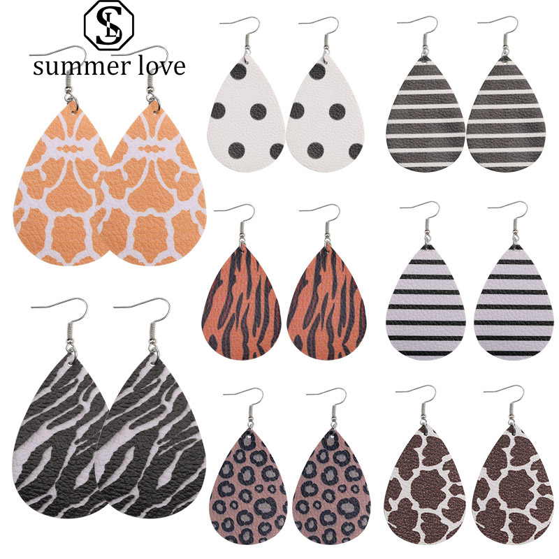 

Boho Fashion Designer PU Faux Leather Dangle Earrings Leopard Zebra Stripe Marble Pattern Light Weight For Women Girls Double Sided Earring