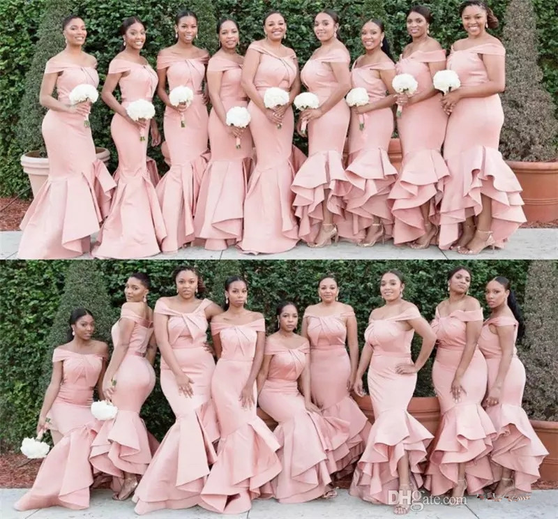 African Pink Mermaid Plus Size Bridesmaid Dresses 2021 Country Wedding Guest Dress Off Shoulders Asymmetrical Ruffles Maid of Honor Gowns-image-435560278