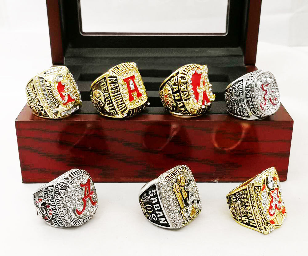 

7 PCS/SET Alabama football championship rings with wooden box, Golden;silver
