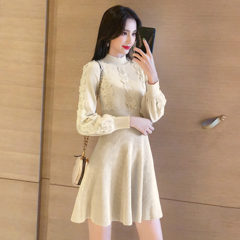 

Elegant Lantern Sleeve Draped Knitted Dress Women Lace Patchwork Petel Sweater Mini A-Line Dress Autumn Winter Sweater Dresses, Black