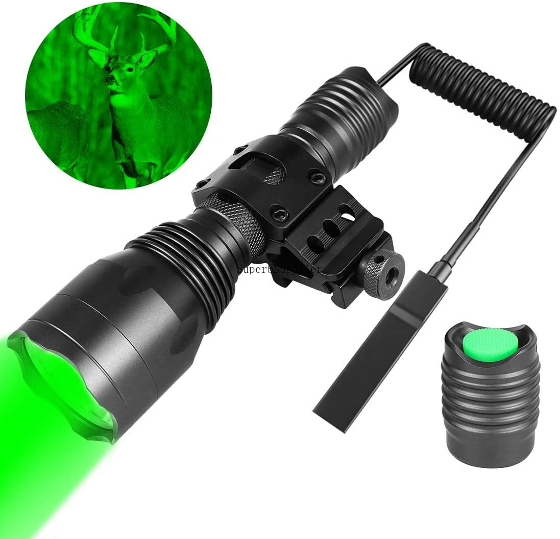 

Tactical Flashlight - 350 Yards Green Hunting Flashlight with Universal Picatinny Rail Mount, Remote Pressure Switch, Rechargeable Batteries