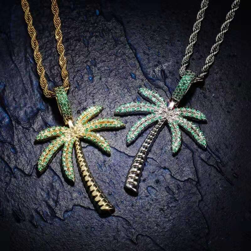 

iced out Coconut tree pendant necklaces for men women luxury designer bling diamond cartoon trees pendants chain necklace jewelry love gift
