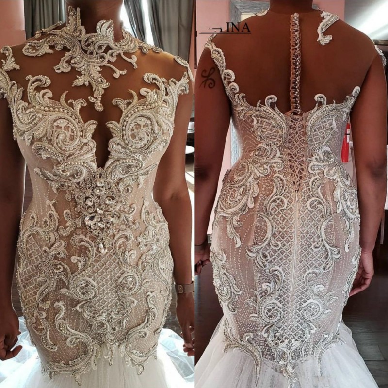 

2020 Exquisite Heavy Handwork Mermaid Wedding Dresses Beaded Crystal High Neck Bridal Gowns Vestidos De Novia Plus Size Covered Button, Red