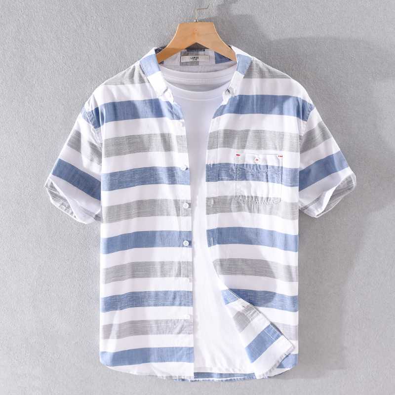 

100% Cotton stripe short sleeve shirt for men summer brand shirts men fashion casual shirt mens comfortable shirts male camisa, Gray