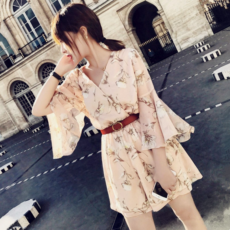 

Women 2020 Summer Holiday Short Sleeve Floral Print Playsuits High Waist Ladies Chiffon Beach Jumpsuit Female Casual Rompers L76, Black