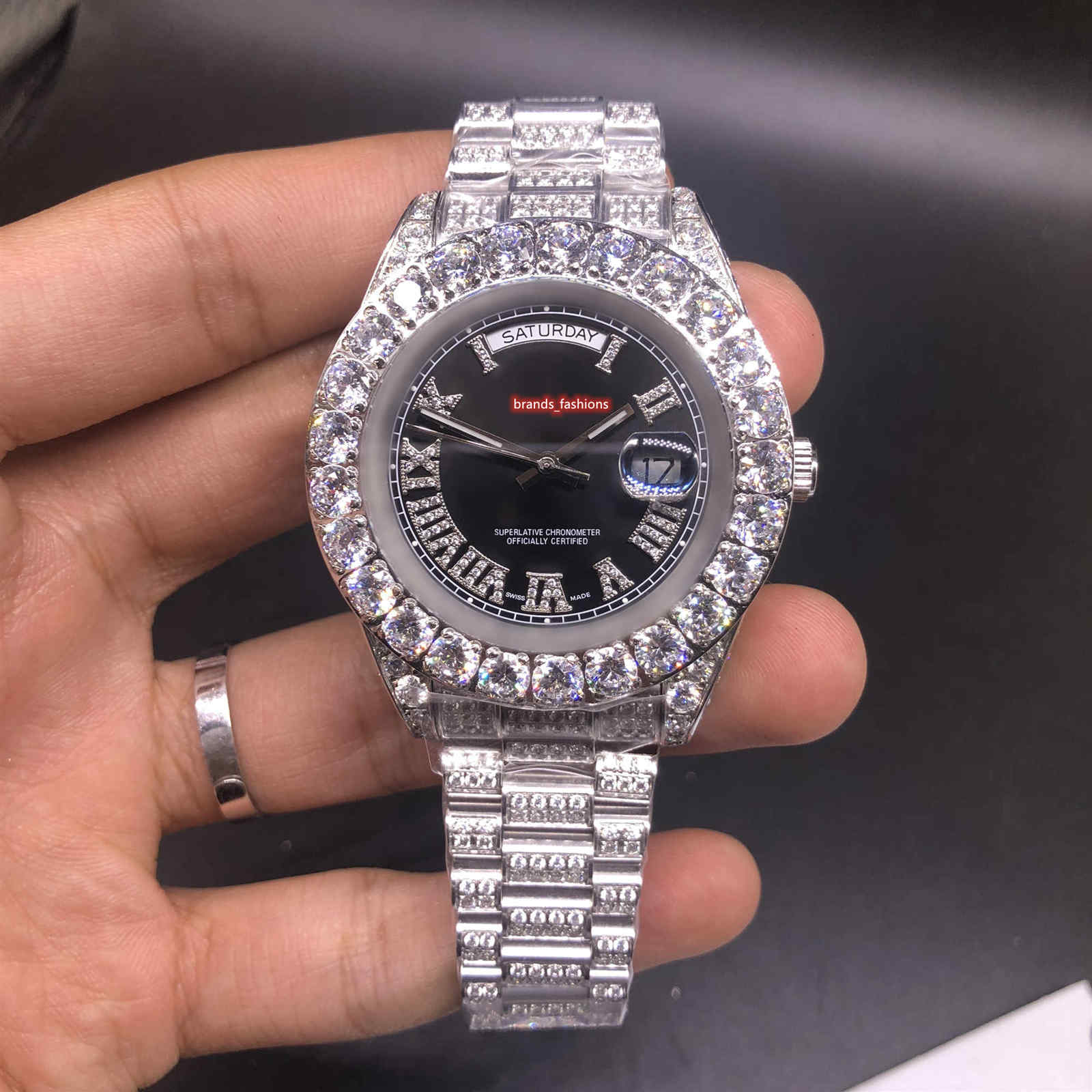 

High Quality Men's Hip Hop Trend Watch 316L Stainless Steel Case Cover Full Diamond Strap Watches Automatic Mechanical Wristwatch, Slivery;brown