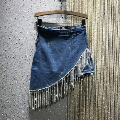 

Package Hip Denim Skirt Women Spring Summer New Style High Waist Elasticity Slim Fit Irregular Diamond Tassels Skirt Skirts, Dark blue