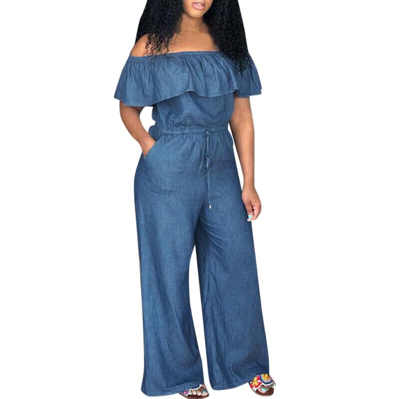 

Plus Size Women Playsuits Rompers Off Shoulder Denim Jeans Long Elastic High Waist Playsuits Party Club With Belt #T1G, Light blue