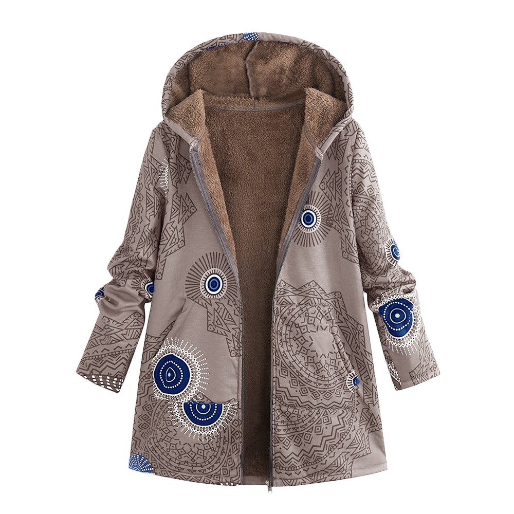 

SAGACE Female parkas Plush Coat Women Windbreaker Winter Warm Outwear Floral Print Hooded Pockets Vintage Coats Plus Size A30107, Gn