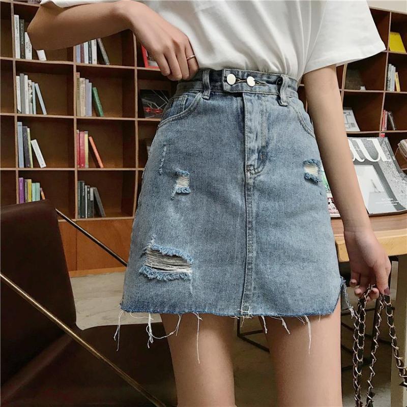 

Ripped Jean Skirts Women Summer All-match High Waist Short Skirts New 2020 Korean Style A-line Ladies Mini Denim Skirt P589, Blue