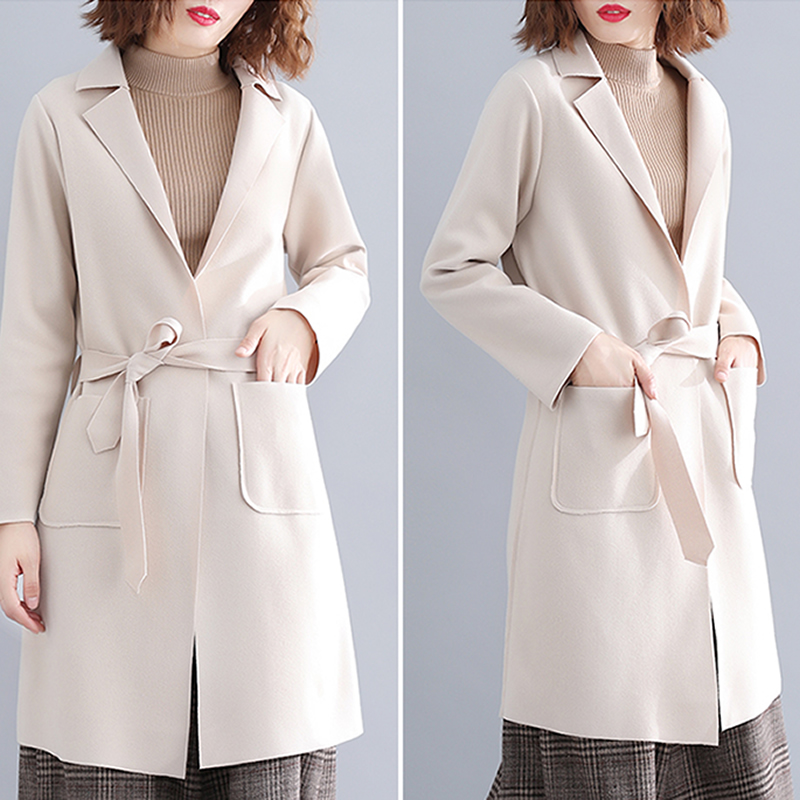 

Casual Woollen Cloth Slim Women Overcoat Jackets Lace Up Strappy Business Parkas Coat Windproof European Style Female Outerwear, Beige