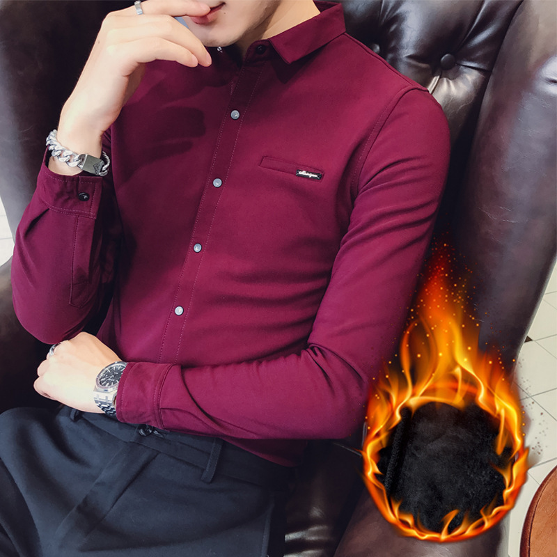 

New clothing men's lapel warm long sleeve shirt fashion plush thickened shirt self-cultivation, Black