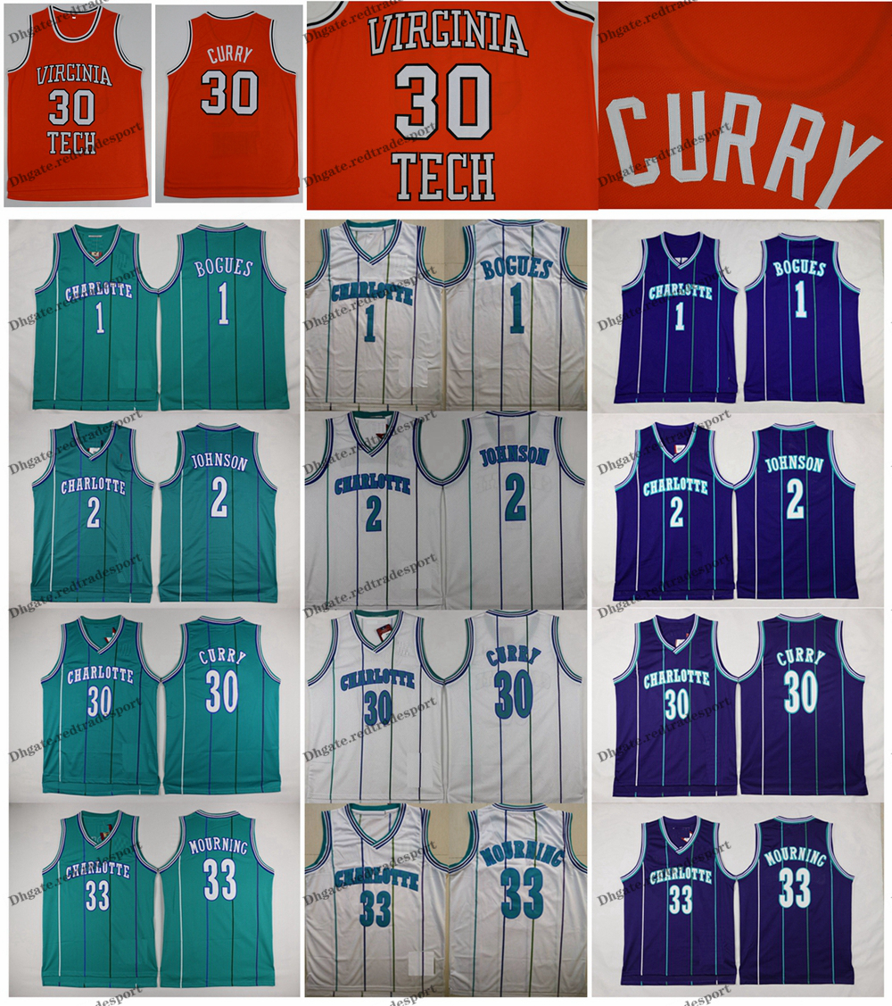 

NCAA Vintage 1 Tyrone Muggsy Bogues Muggsy 2 Larry Johnson Grandma-ma 30 Dell Curry Alonzo Mourning 33 Basketball Jerseys, Teal 2