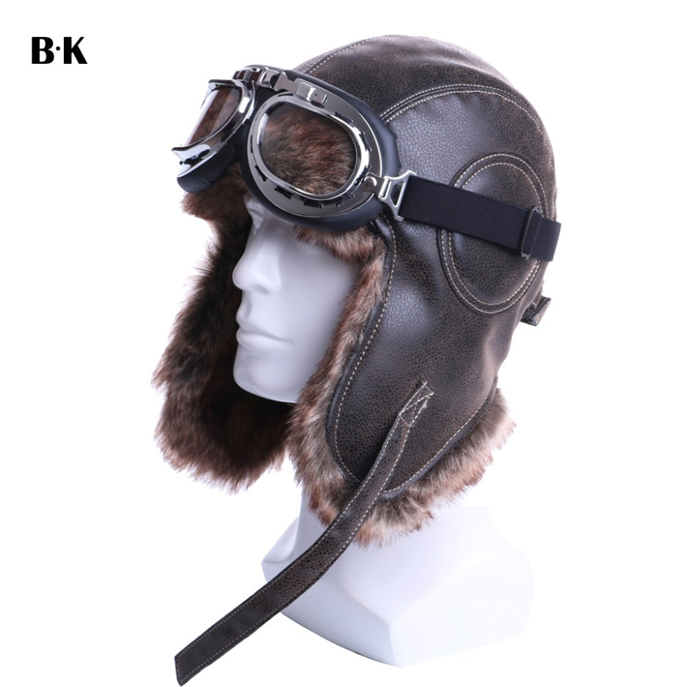 

Winter Bomber Hats Plush Earflap Russian Ushanka with Goggles Men Women's Trapper Aviator Pilot Hat Faux Leather Fur Snow Caps D19011503, With clear goggles
