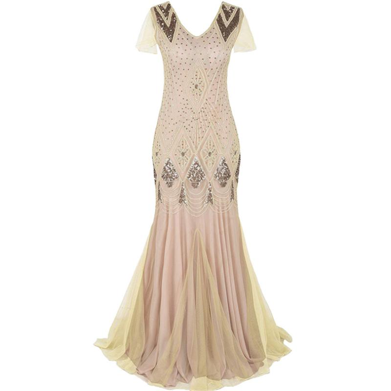 

Floor Length Dress Vintage Autumn Women Sequins Maxi Dress Beaded Flapper 1920s Gatsby Club Party Gown Mermaid, Beige