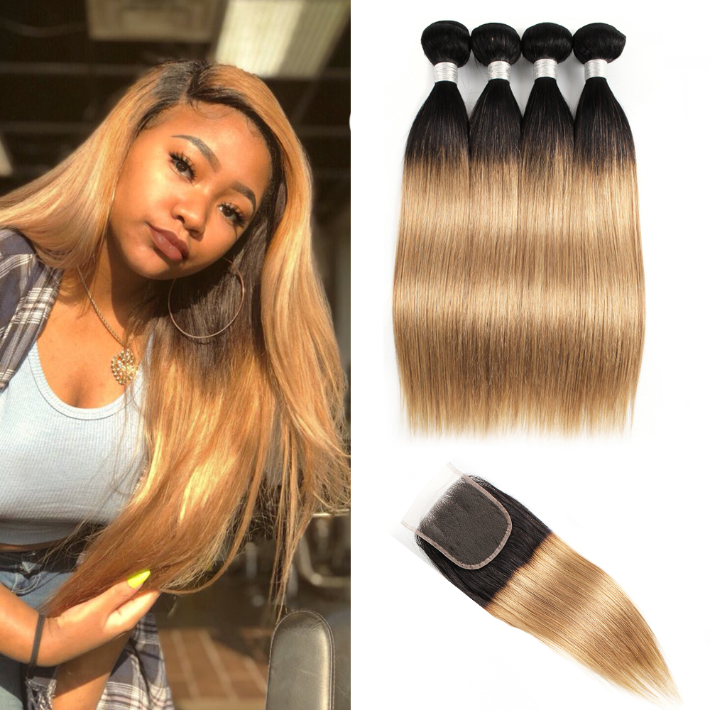 

T1B27 human hair 4 bundles with 4*4 lace closure straight ombre color honey blonde pre-colored Indian extension, T1b/27