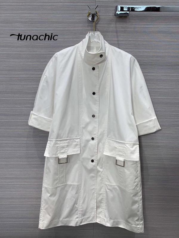 

Runway spring and summer women's simple concept stand collar large pocket version temperament single trench coat, White