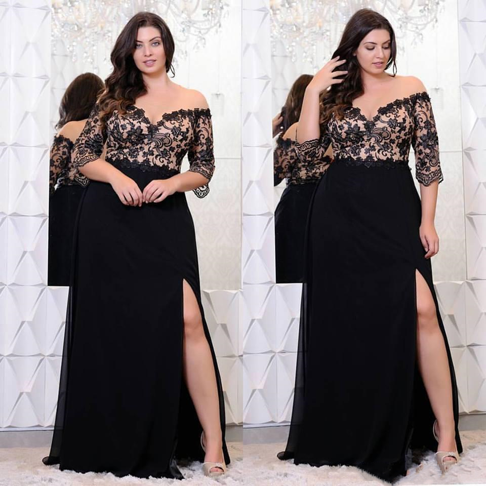 

2019 Black Lace Plus Size Prom Dresses With Half Sleeves Off The Shoulder V-Neck Split Side Evening Gowns A-Line Chiffon Formal Dress, White