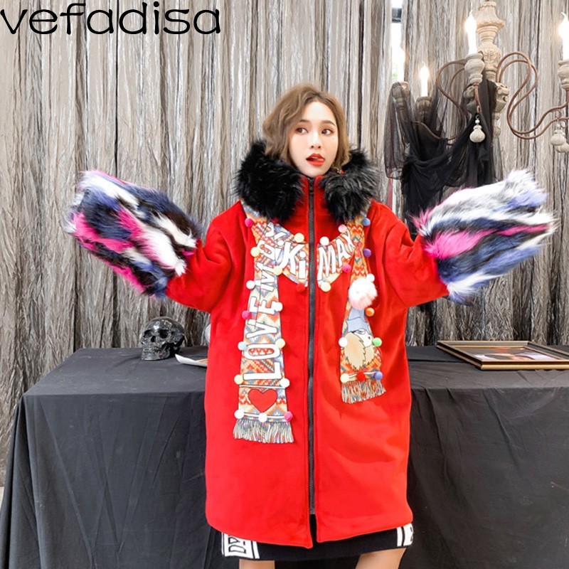 

Vefadisa Winter Red Velour Pattern Hooded Parkas Thick Coat Colorful Fur Long Sleeves Black Fur Hoody Warm Women Coat ZLD220, Red (cotton)