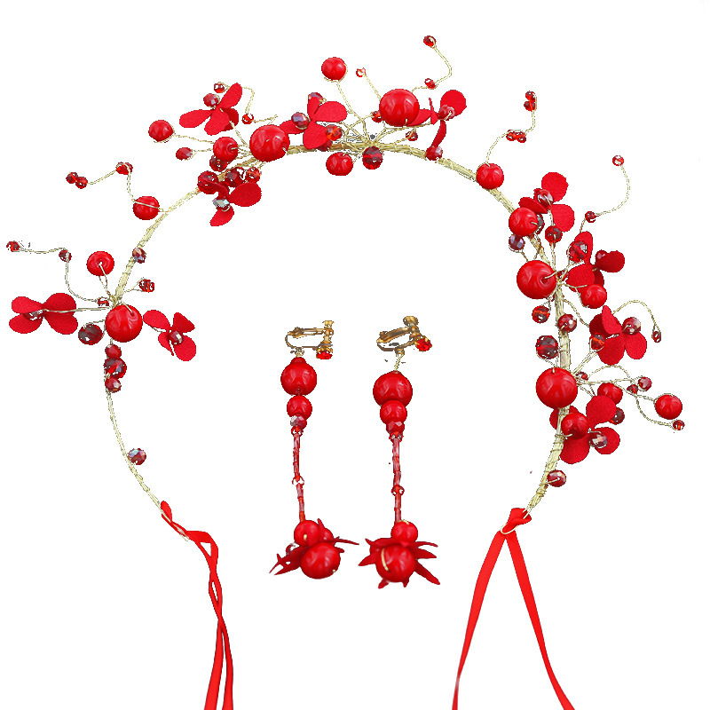 

Korean Bride Wedding Suit Will Red Torsional Beads Hair Chain Nothing Ear Hole Ear Clamp Group Combine Suit Toast Serve Accessories