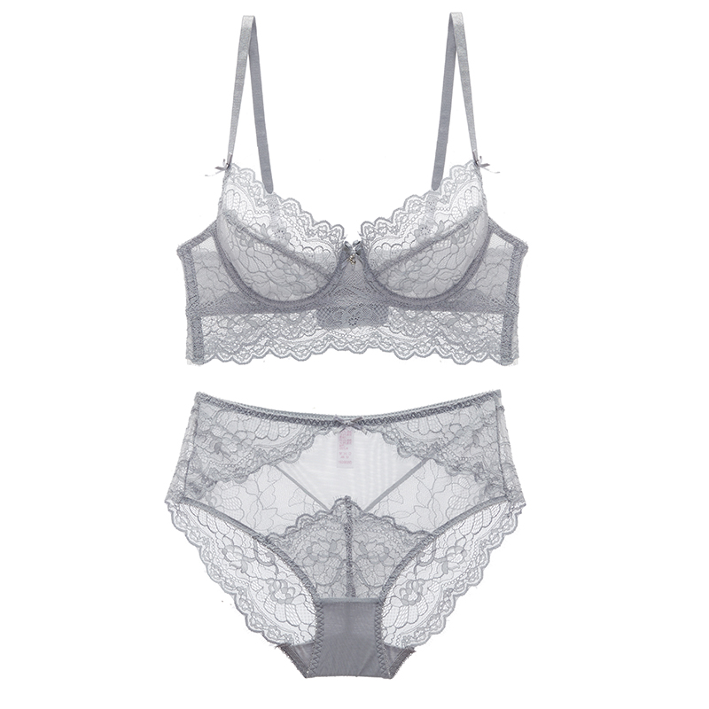 

2020 new summer style full lace floral ultrathin women sexy lingerie transparent push up underwear panties 4 breasted bra sets, Silver