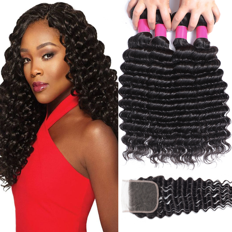 

9A Remy Brazilian Virgin Hair Bundles With Closures 4X4 Lace Closure Deep Wave Loose Curly Water Wave Straight Human Hair Wefts With Closure, Body wave