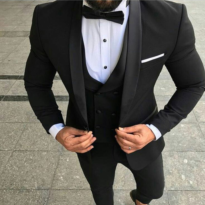 

Custom Made Men Suits for Wedding Groom Outfit Man Black Tuxedo Groomsmen Jacket Satin Shawl Lapel 3Piece Costume Homme Terno Masculino, Same as image