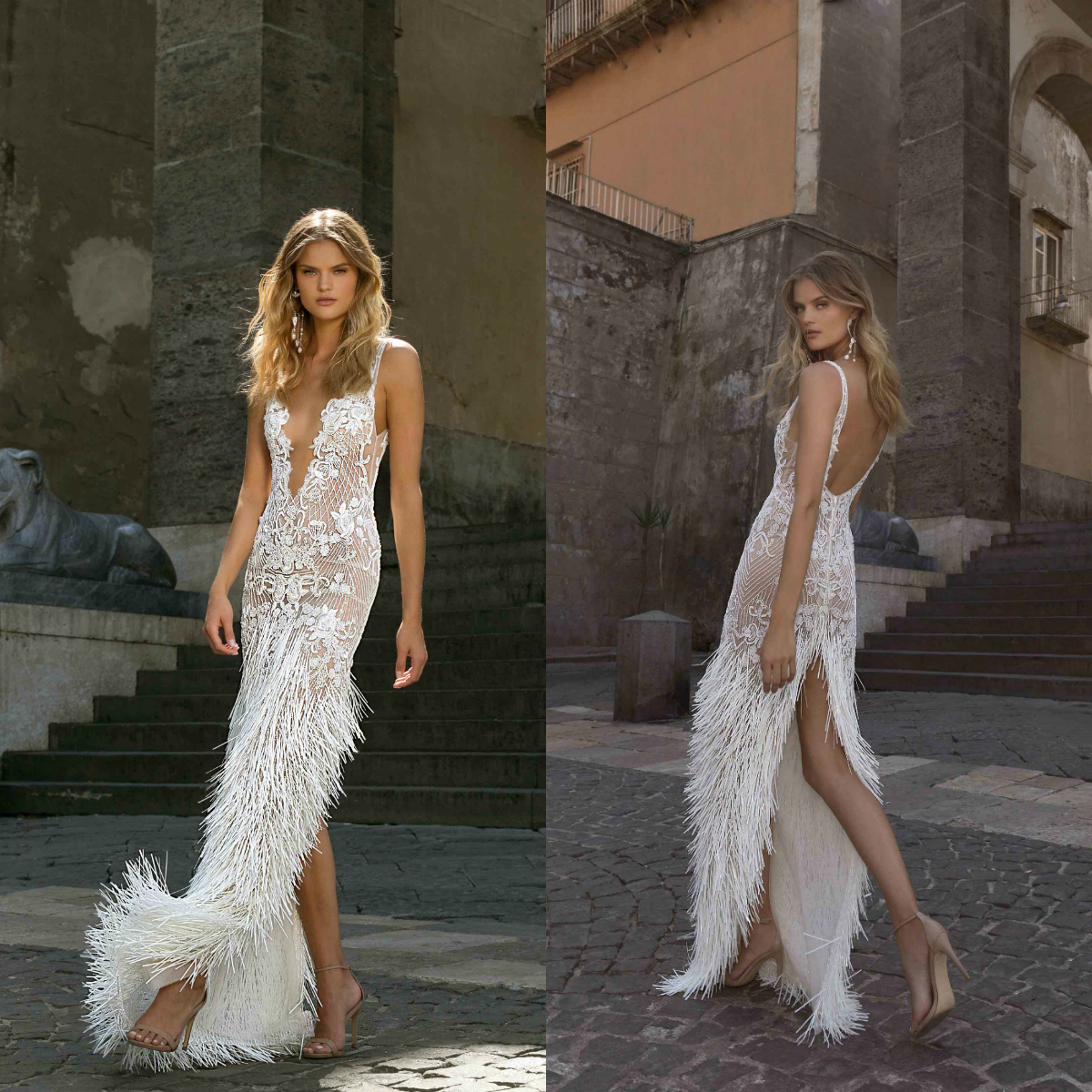 

2020 Berta Designer Wedding Dresses Luxury Feather Appliques Lace Back Split Bridal Gowns Robes De Mariée Custom Made Mermaid Wedding Dress, Nude