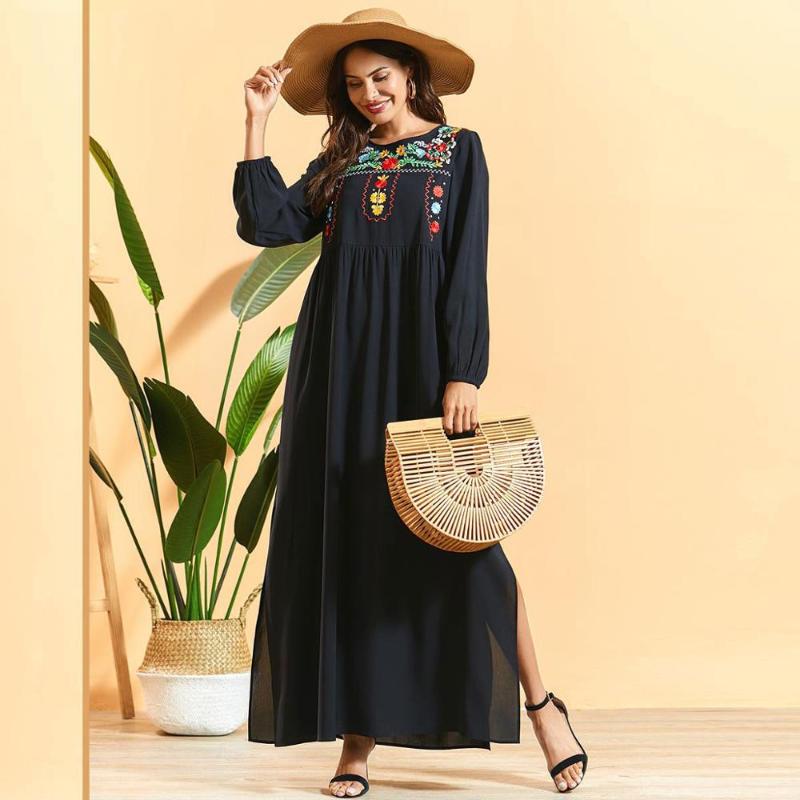 

floral embroidery women dress sexy side split Vestido plus size Abaya Kaftan Dubai robe african dashiki moroccan gown VKDR2080