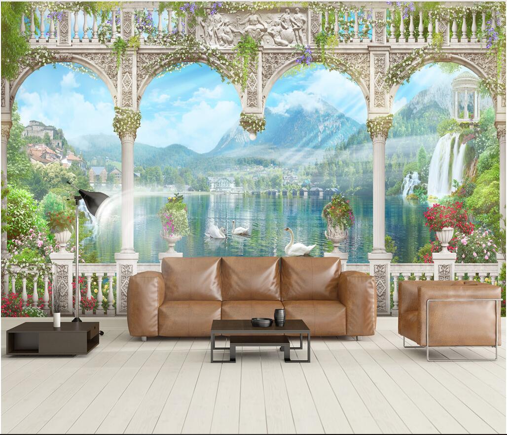 

3d room wallpaper cloth custom photo European Roman Column Scenic Mountain Peaks wallpaper for walls 3 d print fabric wall covering, Picture shows
