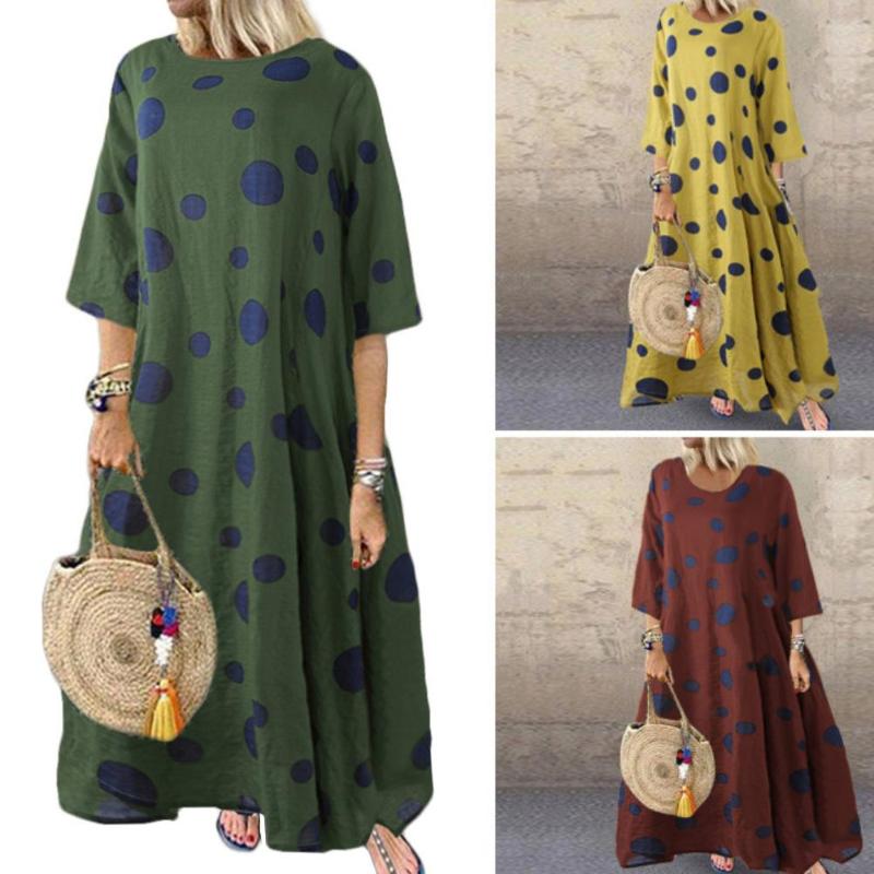 

5XL Women Polka Dot Printed 3/4 Sleeve O Neck Loose Cotton Linen Long Maxi Dress Plus Size Beach Dresses summer Vestidos, Green