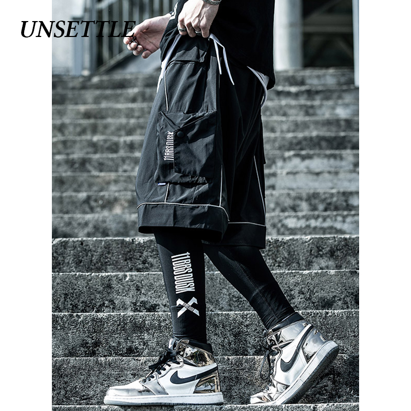 

UNSETTLE Men Hip Hop Short Joggers Streetwear Harajuku Cargo Shorts Pockets Summer Tatical Short Reflective Sweatpants, Black