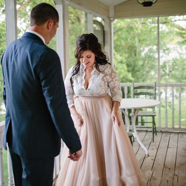 

Nude Ivory Deep V-neck Wedding Dresses Plus Size Illusion Long Sleeve Empire Waist Beach Wedding Dress Country Bridal Gowns Custom Made, Dark red