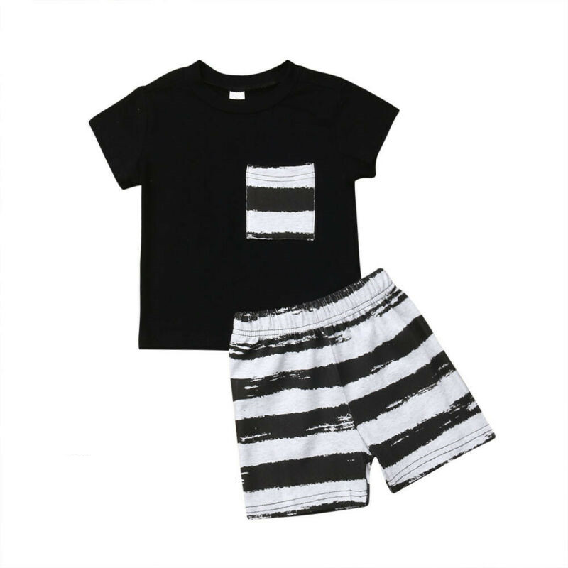 

2020 New Toddler Kid Baby Boys' Summer Clothes Pocket T-Shirt Tops+Striped Short Pants Casual Outfit Set Summer Clothing, Black