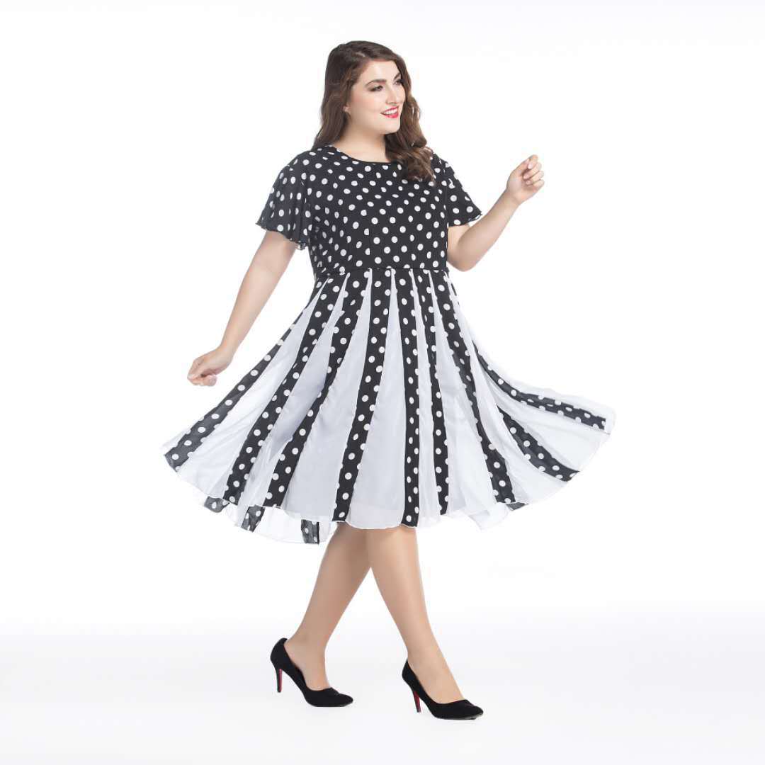 

European and American Plus Size Retro 50s Hepburn Evening Dress Black and White Chiffon Big Size Polka dot Women Dress Short Sleeves, Black;gray