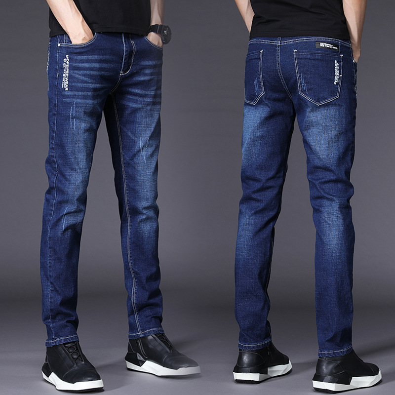 

1pcs Fashion Straight Men's Jeans Pants Boys Casual Elastic Korean Version Scratched Denim Slim Male Trousers Full Length, Style 2