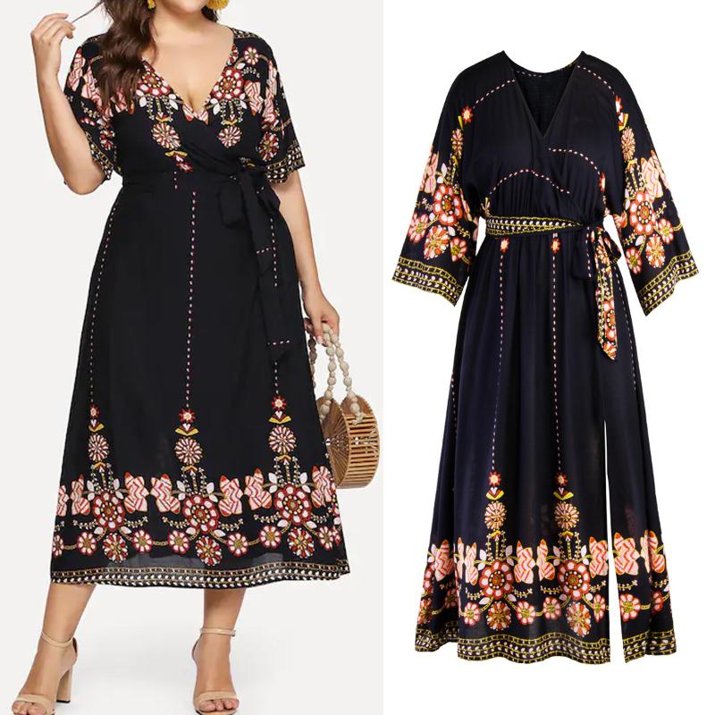 

Plus Size Womens Causel Mid Calf Dresses Navy Floral Belt Evening Party Dresses