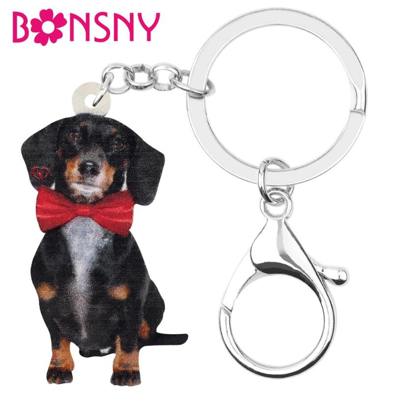 Dachshund Dog Image Black Leather Keyring in Gift Box