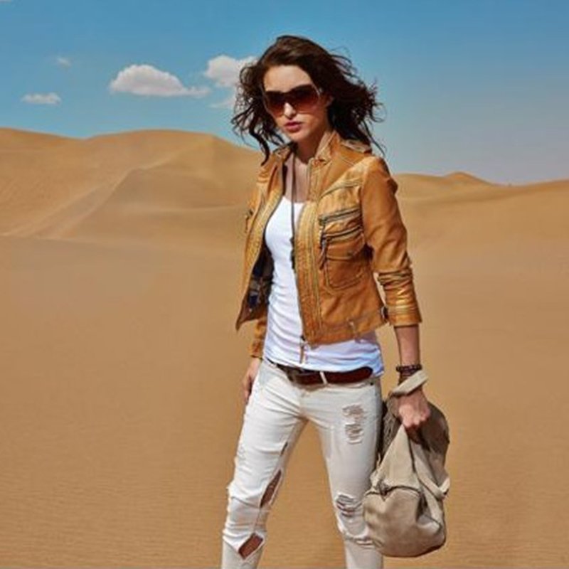 

New Spring Arrival Autumn Vintage Women Short Fashion Faux Leather Biker Jacket Yellow Color Plus Size S - PU Jackets