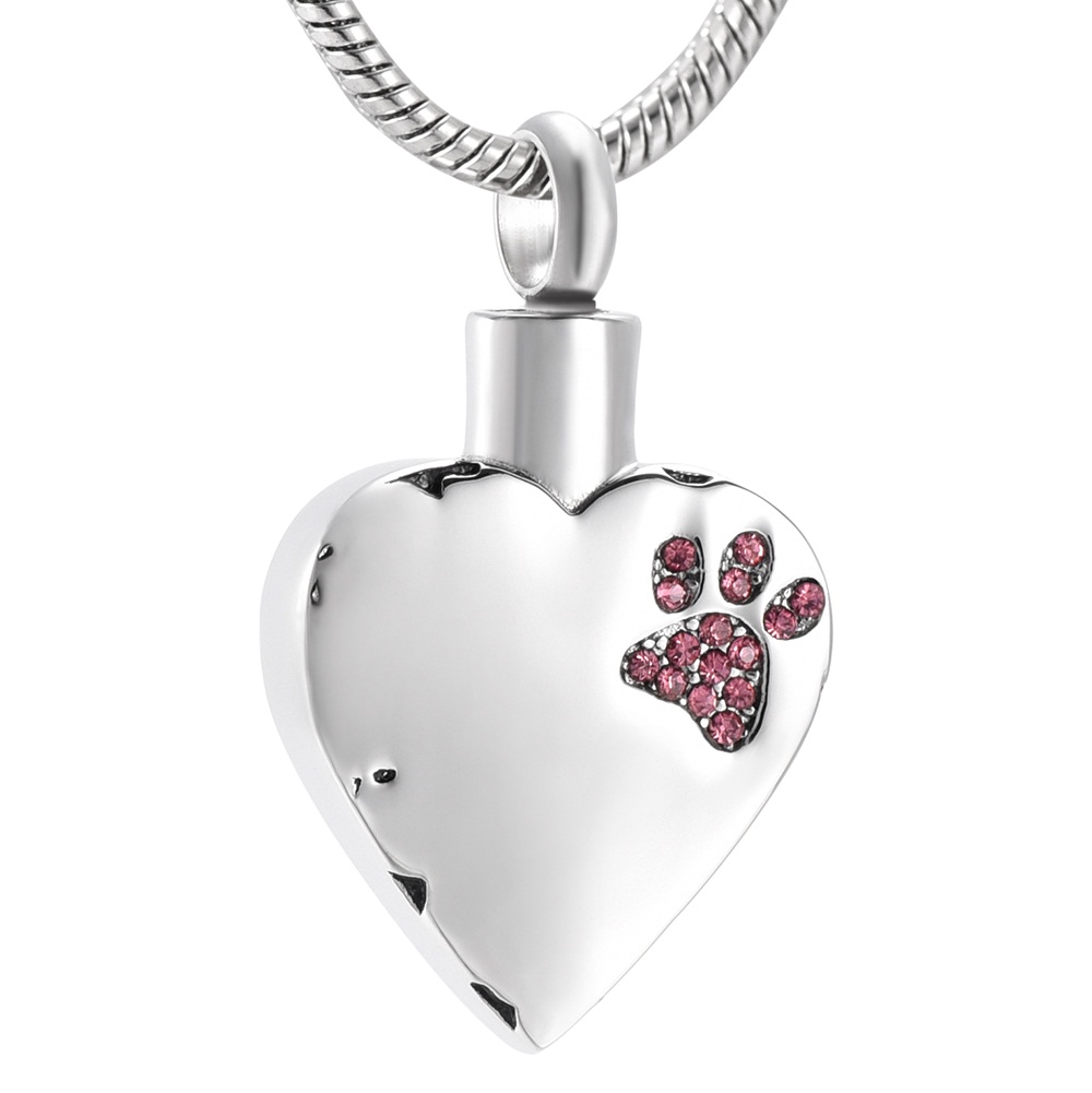

IJD9981 Customized Engravable Pink Crystal Dog Paw In My Heart Stainless Steel Cremation Urn Necklaces For Ashes Of Pets