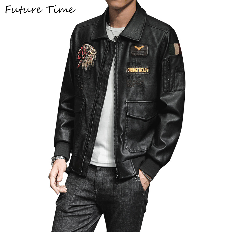 

Men Jacket Pu Leather Embroidery Long Sleeve motorcycle 2019 Autumn jackets and Coats warm PU baseball Outwear -4XL c2032, Black
