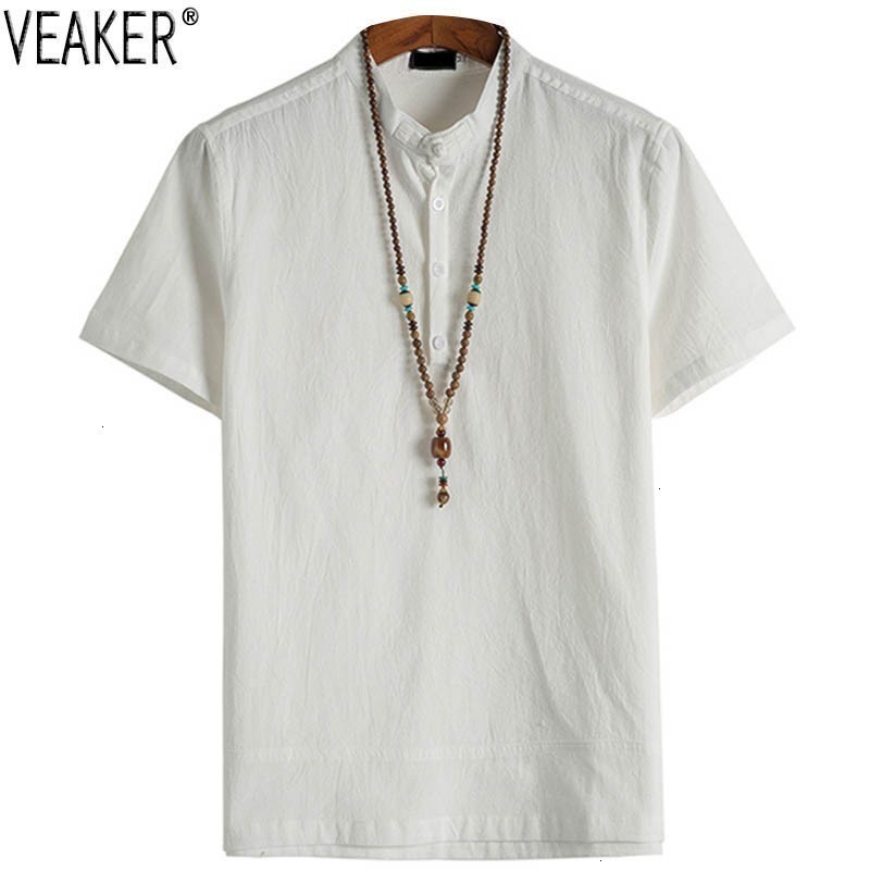 

2019 New men Summer Chinese style Mandarin collar Shirt Men's Short Mouwen Katoen Linnen Shirt Slim Fit Effen Color Tops, Black