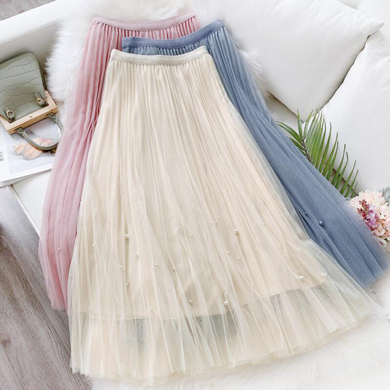 

Spring Summer Tulle Skirts Women 2020 Sweet Mesh Beading fairy High Waist Skirt Female Solid Elegant Pleated Long Skirt, Black