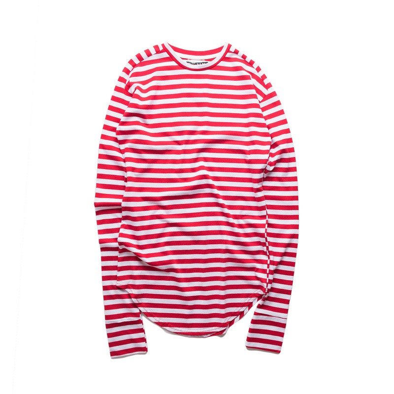 

Striped Hip Hop T-Shirt Men Long Sleeve Wrist Hole Spring Basic Extended Urban Tshirt Men Curved Hem Kpop Men 'S Tee Shirt -2XL