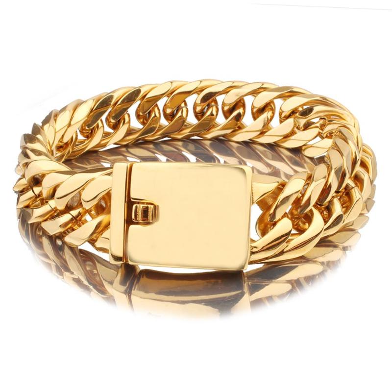 

Link, Chain Handmade 7-11inch Charming Stainless Steel Gold Tone Double Cuban Curb Bracelet Mens Womens Bangle 16mm Width