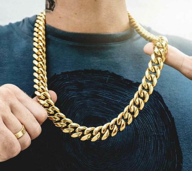 

Mens 18K Gold Plated 12mm Miami Heavy Cuban Link Chain Stainless Steel 24 inch